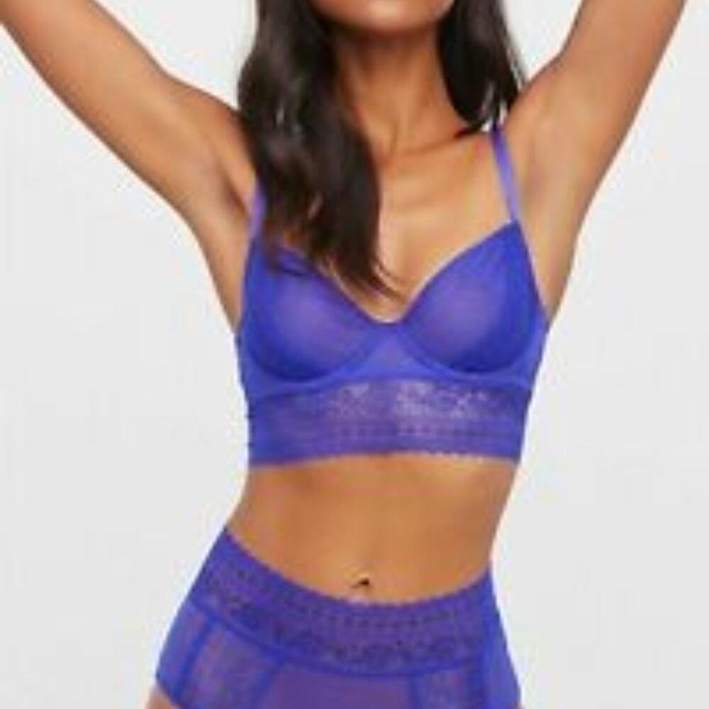 NWT Free People Get Off My Cloud Longline Lace Bra Cobalt Blue 32B - Picture 3 of 9